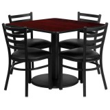 36'' Square Mahogany Laminate Table Set with 4 Ladder Back Metal Chairs - Black Vinyl Seat [RSRB1014-GG]