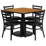 36'' Square Natural Laminate Table Set with 4 Ladder Back Metal Chairs - Black Vinyl Seat [RSRB1015-GG]