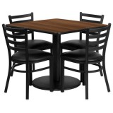 36'' Square Walnut Laminate Table Set with 4 Ladder Back Metal Chairs - Black Vinyl Seat [RSRB1016-GG]