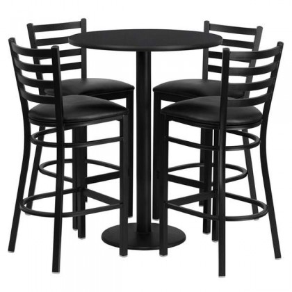 30'' Round Black Laminate Table Set with 4 Ladder Back Metal Bar Stools - Black Vinyl Seat [RSRB1021-GG]