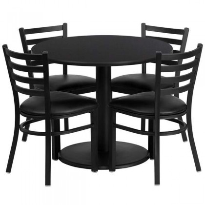 36'' Round Black Laminate Table Set with 4 Ladder Back Metal Chairs - Black Vinyl Seat [RSRB1029-GG]