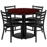 36'' Round Mahogany Laminate Table Set with 4 Ladder Back Metal Chairs - Black Vinyl Seat [RSRB1030-GG]