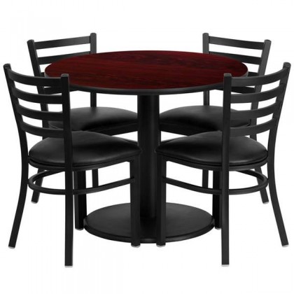36'' Round Mahogany Laminate Table Set with 4 Ladder Back Metal Chairs - Black Vinyl Seat [RSRB1030-GG]