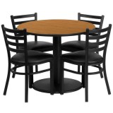 36'' Round Natural Laminate Table Set with 4 Ladder Back Metal Chairs - Black Vinyl Seat [RSRB1031-GG]