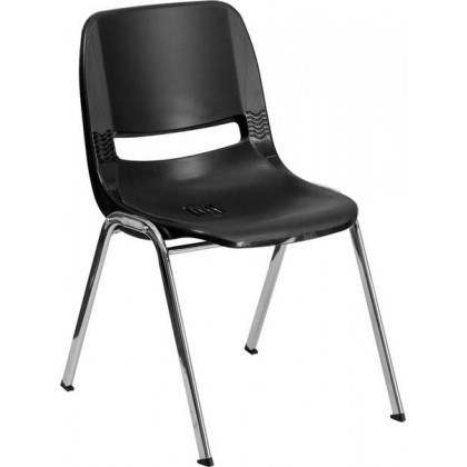 HERCULES Series 440 lb. Capacity Black Ergonomic Shell Stack Chair with Chrome Frame and 14'' Seat Height [RUT-14-BK-CHR-GG]
