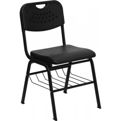 HERCULES Series 880 lb. Capacity Black Plastic Chair with Black Powder Coated Frame and Book Basket [RUT-GK01-BK-BAS-GG]