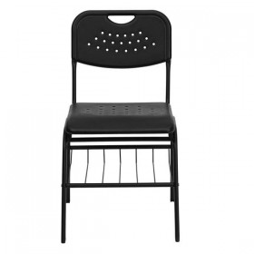 HERCULES Series 880 lb. Capacity Black Plastic Chair with Black Powder Coated Frame and Book Basket [RUT-GK01-BK-BAS-GG]