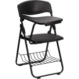 Black Plastic Chair with Right Handed Tablet Arm and Book Basket [RUT-L03-TAB-RT-GG]