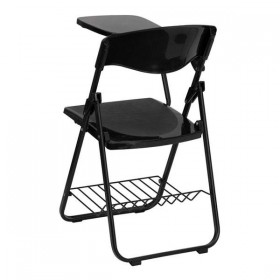 Black Plastic Chair with Right Handed Tablet Arm and Book Basket [RUT-L03-TAB-RT-GG]