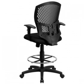 Mid-Back Designer Back Drafting Stool with Padded Fabric Seat and Arms [WL-3958SYG-BK-AD-GG]