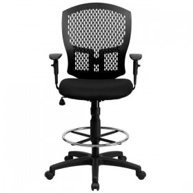 Mid-Back Designer Back Drafting Stool with Padded Fabric Seat and Arms [WL-3958SYG-BK-AD-GG]