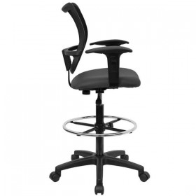 Mid-Back Mesh Drafting Stool with Gray Fabric Seat and Arms [WL-A277-GY-AD-GG]
