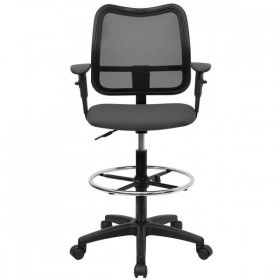 Mid-Back Mesh Drafting Stool with Gray Fabric Seat and Arms [WL-A277-GY-AD-GG]