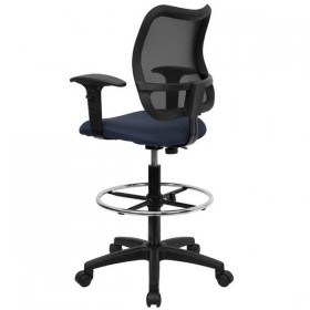 Mid-Back Mesh Drafting Stool with Navy Blue Fabric Seat and Arms [WL-A277-NVY-AD-GG]
