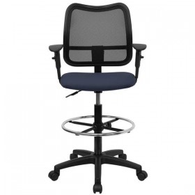 Mid-Back Mesh Drafting Stool with Navy Blue Fabric Seat and Arms [WL-A277-NVY-AD-GG]