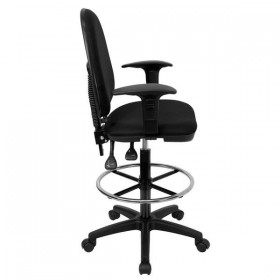 Mid-Back Black Fabric Multi-Functional Drafting Stool with Arms and Adjustable Lumbar Support [WL-A654MG-BK-AD-GG]