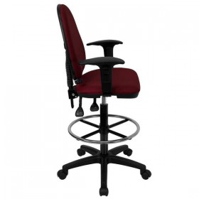 Mid-Back Burgundy Fabric Multi-Functional Drafting Stool with Arms and Adjustable Lumbar Support [WL-A654MG-BY-AD-GG]