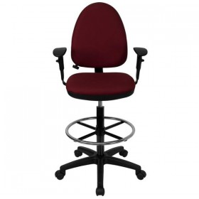 Mid-Back Burgundy Fabric Multi-Functional Drafting Stool with Arms and Adjustable Lumbar Support [WL-A654MG-BY-AD-GG]