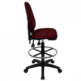 Mid-Back Burgundy Fabric Multi-Functional Drafting Stool with Adjustable Lumbar Support [WL-A654MG-BY-D-GG]