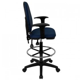 Mid-Back Navy Blue Fabric Multi-Functional Drafting Stool with Arms and Adjustable Lumbar Support [WL-A654MG-NVY-AD-GG]