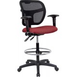 Mid-Back Mesh Drafting Stool with Burgundy Fabric Seat and Arms [WL-A7671SYG-BY-AD-GG]