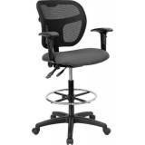 Mid-Back Mesh Drafting Stool with Gray Fabric Seat and Arms [WL-A7671SYG-GY-AD-GG]