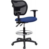 Mid-Back Mesh Drafting Stool with Navy Blue Fabric Seat and Arms [WL-A7671SYG-NVY-AD-GG]