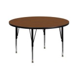 42'' Round Activity Table with 1.25'' Thick High Pressure Oak Laminate Top and Height Adjustable Pre-School Legs [XU-A42-RND-OAK-H-P-GG]