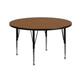 42'' Round Activity Table with Oak Thermal Fused Laminate Top and Height Adjustable Pre-School Legs [XU-A42-RND-OAK-T-P-GG]