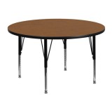 48'' Round Activity Table with Oak Thermal Fused Laminate Top and Height Adjustable Pre-School Legs [XU-A48-RND-OAK-T-P-GG]