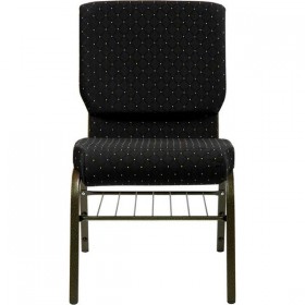 HERCULES Series 18.5''W Black Dot Patterned Fabric Church Chair with 4.25'' Thick Seat, Book Rack - Gold Vein Frame [XU-CH-60096-BK-BAS-GG]