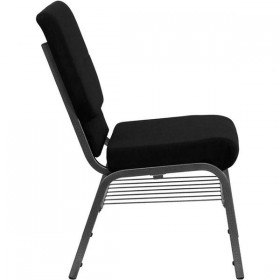 HERCULES Series 18.5''W Black Fabric Church Chair with 4.25'' Thick Seat, Book Rack - Silver Vein Frame [XU-CH-60096-BK-SV-BAS-GG]