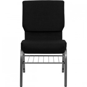 HERCULES Series 18.5''W Black Fabric Church Chair with 4.25'' Thick Seat, Book Rack - Silver Vein Frame [XU-CH-60096-BK-SV-BAS-GG]