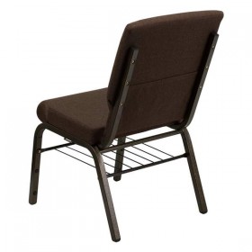 HERCULES Series 18.5''W Brown Fabric Church Chair with 4.25'' Thick Seat, Book Rack - Gold Vein Frame [XU-CH-60096-BN-BAS-GG]