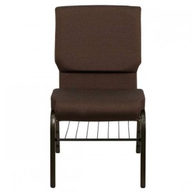 HERCULES Series 18.5''W Brown Fabric Church Chair with 4.25'' Thick Seat, Book Rack - Gold Vein Frame [XU-CH-60096-BN-BAS-GG]