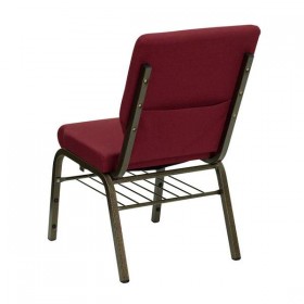 HERCULES Series 18.5''W Burgundy Fabric Church Chair with 4.25'' Thick Seat, Book Rack - Gold Vein Frame [XU-CH-60096-BY-BAS-GG]