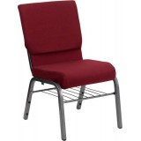 HERCULES Series 18.5''W Burgundy Fabric Church Chair with 4.25'' Thick Seat, Book Rack - Silver Vein Frame [XU-CH-60096-BY-SILV-BAS-GG]