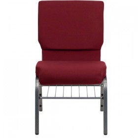 HERCULES Series 18.5''W Burgundy Fabric Church Chair with 4.25'' Thick Seat, Book Rack - Silver Vein Frame [XU-CH-60096-BY-SILV-BAS-GG]