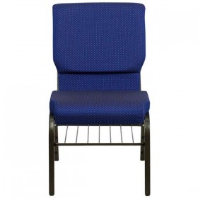 HERCULES Series 18.5'' Wide Navy Blue Patterned Fabric Church Chair with 4.25'' Thick Seat, Book Rack - Gold Vein Frame [XU-CH-60096-NVY-DOT-BAS-GG]