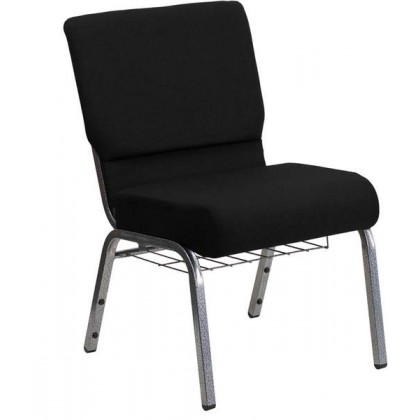 HERCULES Series 21'' Extra Wide Black Church Chair with 3.75'' Thick Seat, Book Rack - Silver Vein Frame [XU-CH0221-BK-SV-BAS-GG]