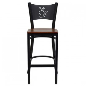 HERCULES Series Black Coffee Back Metal Restaurant Bar Stool - Cherry Wood Seat [XU-DG-60114-COF-BAR-CHYW-GG]