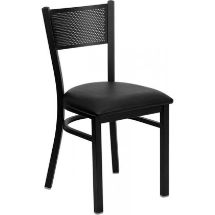 HERCULES Series Black Grid Back Metal Restaurant Chair - Black Vinyl Seat [XU-DG-60115-GRD-BLKV-GG]