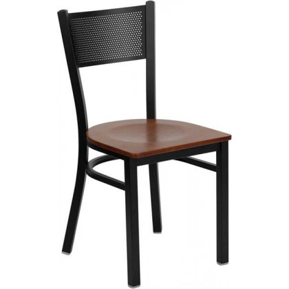 HERCULES Series Black Grid Back Metal Restaurant Chair - Cherry Wood Seat [XU-DG-60115-GRD-CHYW-GG]