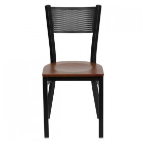 HERCULES Series Black Grid Back Metal Restaurant Chair - Cherry Wood Seat [XU-DG-60115-GRD-CHYW-GG]