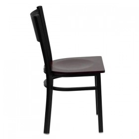 HERCULES Series Black Grid Back Metal Restaurant Chair - Mahogany Wood Seat [XU-DG-60115-GRD-MAHW-GG]