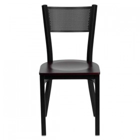 HERCULES Series Black Grid Back Metal Restaurant Chair - Mahogany Wood Seat [XU-DG-60115-GRD-MAHW-GG]