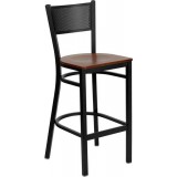 HERCULES Series Black Grid Back Metal Restaurant Bar Stool - Cherry Wood Seat [XU-DG-60116-GRD-BAR-CHYW-GG]
