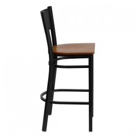 HERCULES Series Black Grid Back Metal Restaurant Bar Stool - Cherry Wood Seat [XU-DG-60116-GRD-BAR-CHYW-GG]