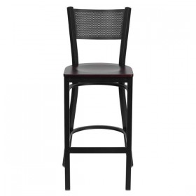 HERCULES Series Black Grid Back Metal Restaurant Bar Stool - Mahogany Wood Seat [XU-DG-60116-GRD-BAR-MAHW-GG]