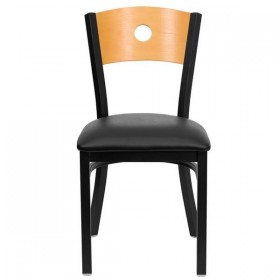 HERCULES Series Black Circle Back Metal Restaurant Chair - Natural Wood Back, Black Vinyl Seat [XU-DG-6F2B-CIR-BLKV-GG]